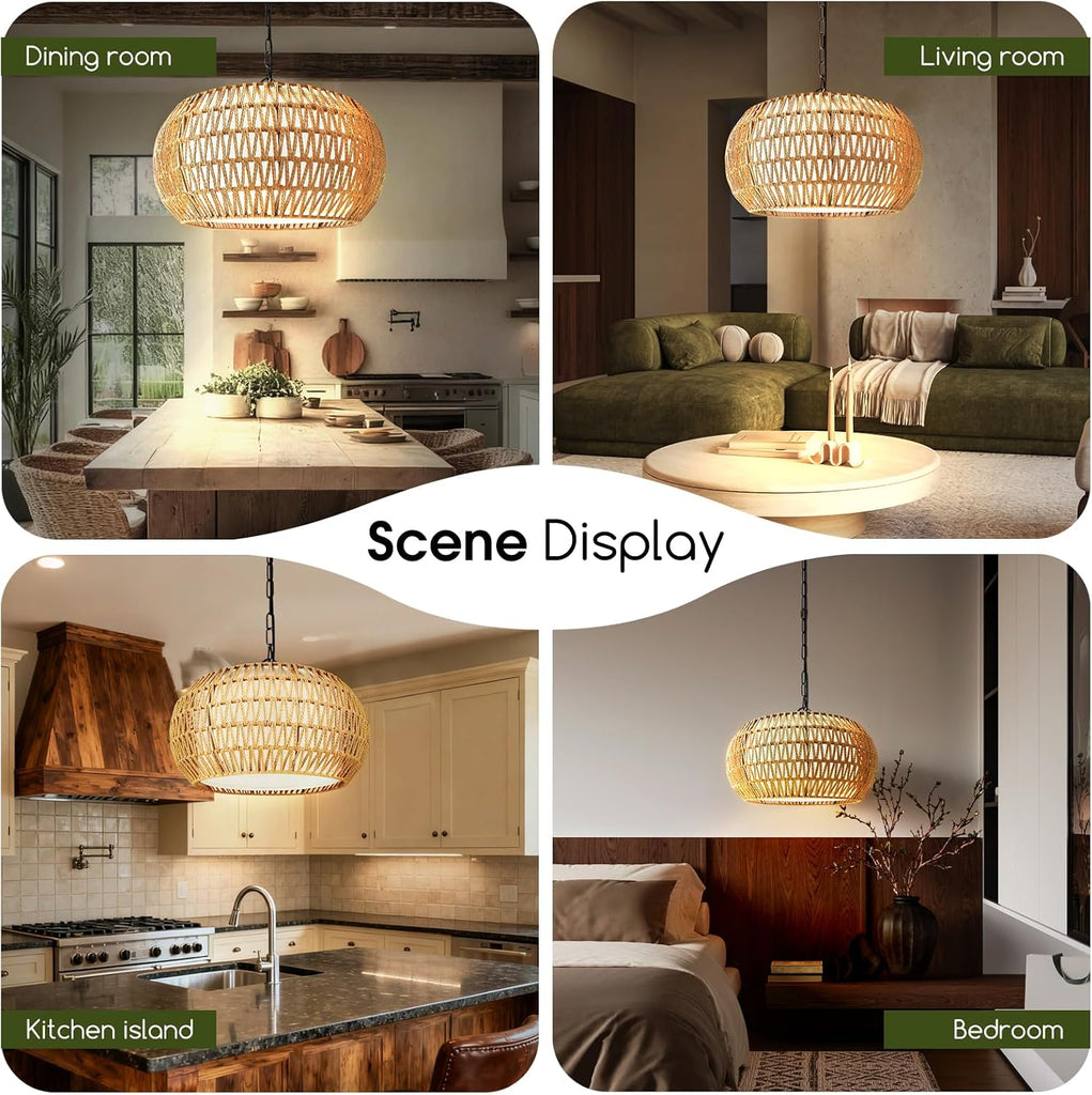 5-Lights Boho Rattan Chandelier for Dining Room, 19" Farmhouse Chandelier Light Fixtures with Fabric Shade, Large