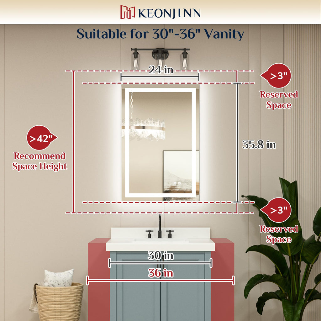 24x36 Inch LED Bathroom Mirror with Lights, Frontlit & Backlit