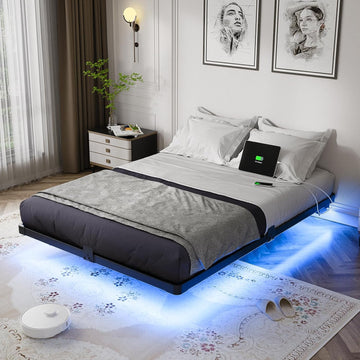 Floating Bed Frame Full with Smart LED Lights and Charging Station