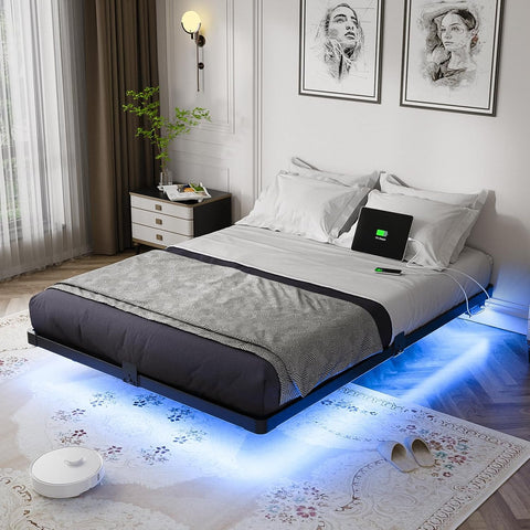 Floating Bed Frame Full with Smart LED Lights and Charging Station