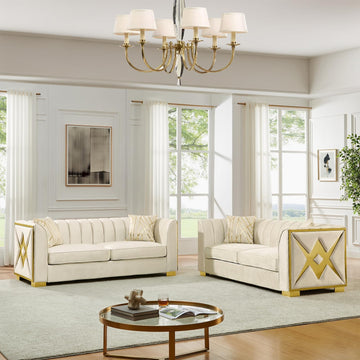 2 Piece Mid Century Modern Chesterfield Sofa Set, Tufted 2 Piece Couch Sets with Gold Stainless Steel Accents Luxury