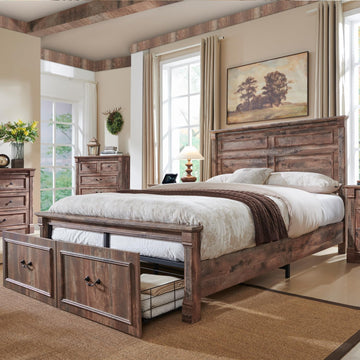 Farmhouse Queen Bed Frame with 51" Tall Headboard, Wood Platform Bed Frame with 20" Tall Roman Column Decoration
