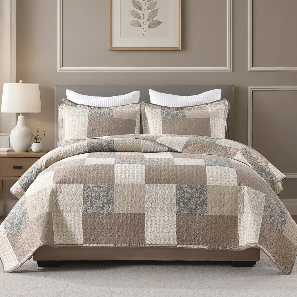100% Cotton Quilt Set - Plaid Quilted Comforter, Patchwork Botanical Quilt Bedspread, Modern