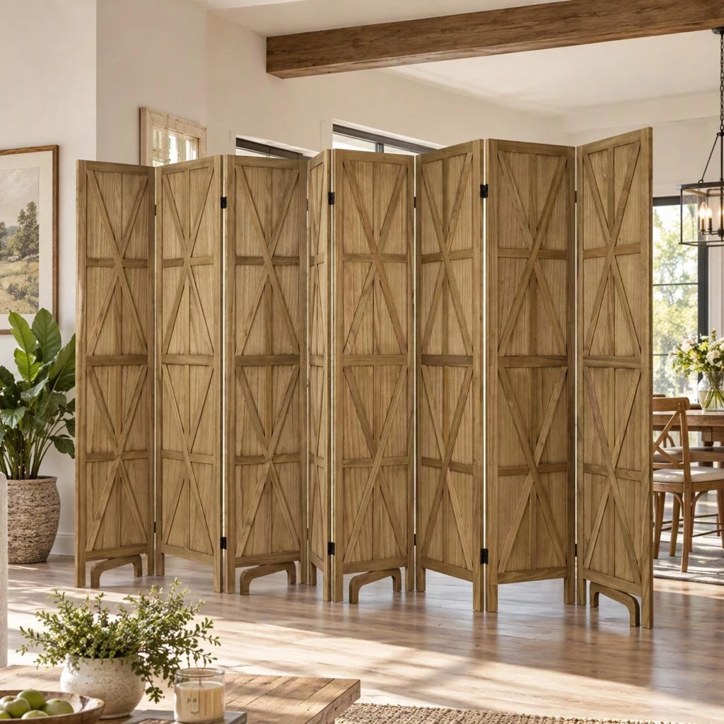 8 Panel Wooden Room Divider, 67" Tall Folding Privacy Screen, Natural