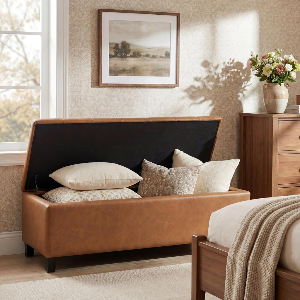 Ottilie Faux Leather Storage Ottoman Bench, Wooden Rectangular Ottoman with Storage, Bedroom End of Bed Foot Stool