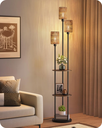 Floor Lamp with Shelves, Boho Floor Lamp with Foot Switch, 3-Light Standing Lamp, Study, Rustic Brown and Yellow