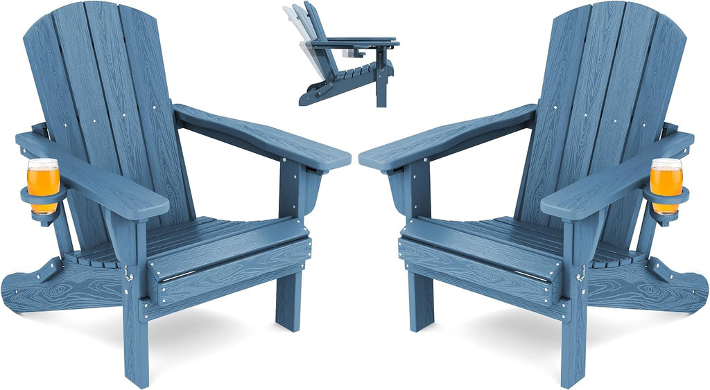 Folding Adjustable Adirondack Chairs Set of 2, Cup Holders, Blue | Adirondack Chair with 3 Recline Positions, All
