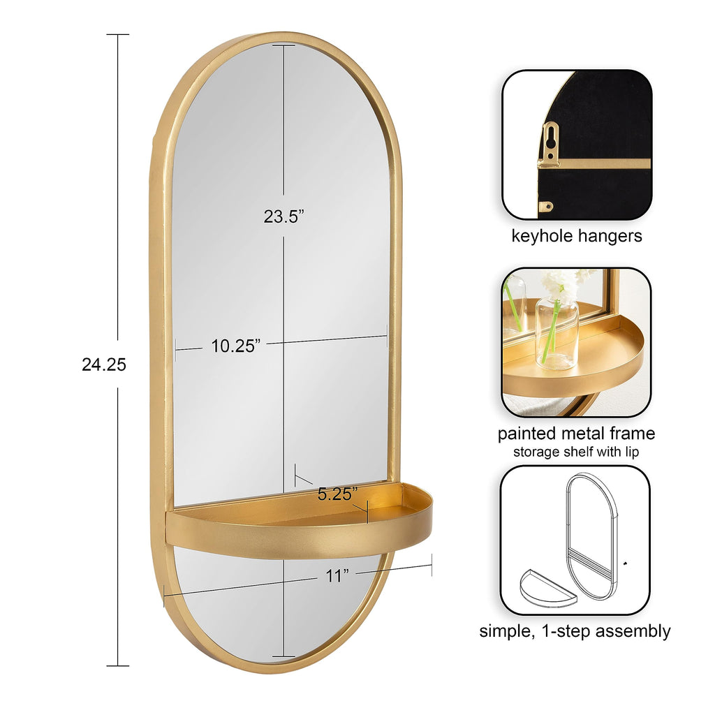 Estero Modern Metal Oval Mirror with Rounded Shelf; 11 x 25; Gold; Decorative Modern Glam Capsule Shelf Mirror