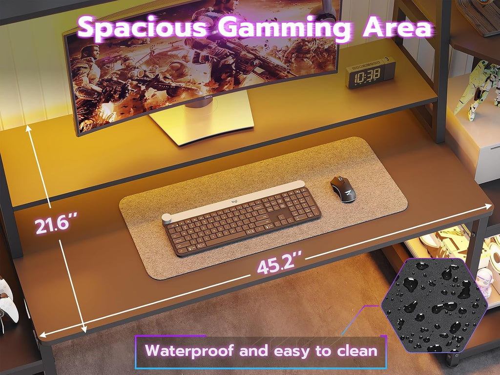 65.7'' Gaming Desk with LED Lights, Hutch and Storage Shelves, Black | Computer Desk with Monitor Stand, Large PC