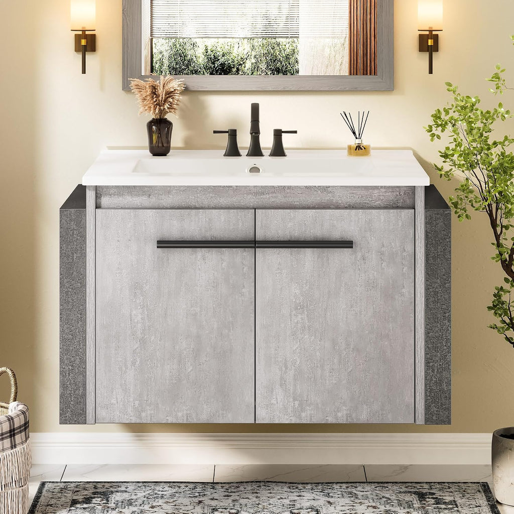 36" Modern Wall Mounted Bathroom Vanity with Sink - White & Gray Cabinet with 2 Soft-Close Doors