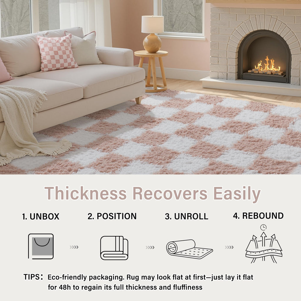 Pink Round Rug 6ft Soft Fluffy Checkered Shag Carpet
