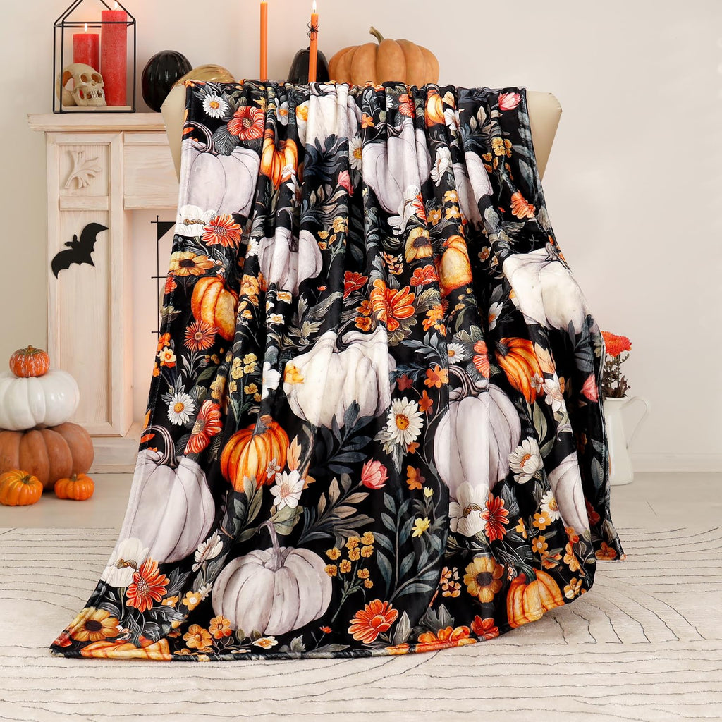 Fall Pumpkin Blanket Soft Autumn Harvest Throw Blankets Vintage Floral Throw Watercolor Flannel Fleece Bed Cover Warm