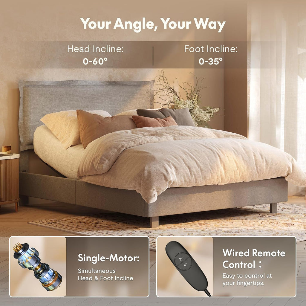 Adjustable Bed Base with Upholstered Bed Frame, Head & Foot Lift