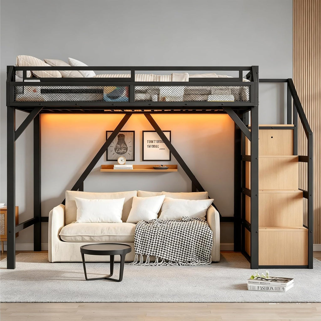 Twin XL Size Loft Bed with Stairs and Wardrobe,Heavy Duty Metal Loft Bed Frame with Shelves,LED Lights and Charging