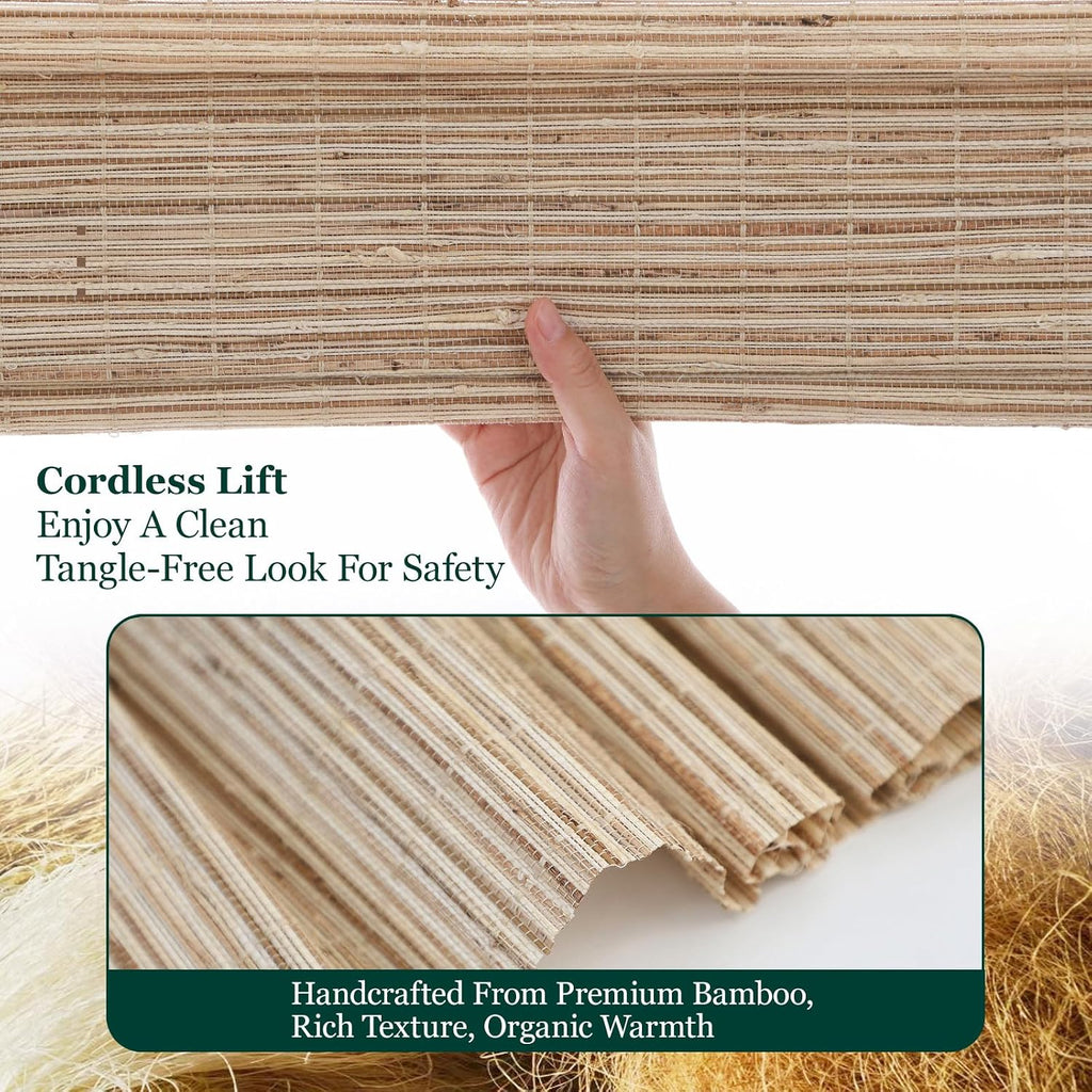 No Drill Blackout Roman Shades, Pando Cordless No Tools Bamboo Blinds for Indoor Windows, Light Filtering Woven Wood