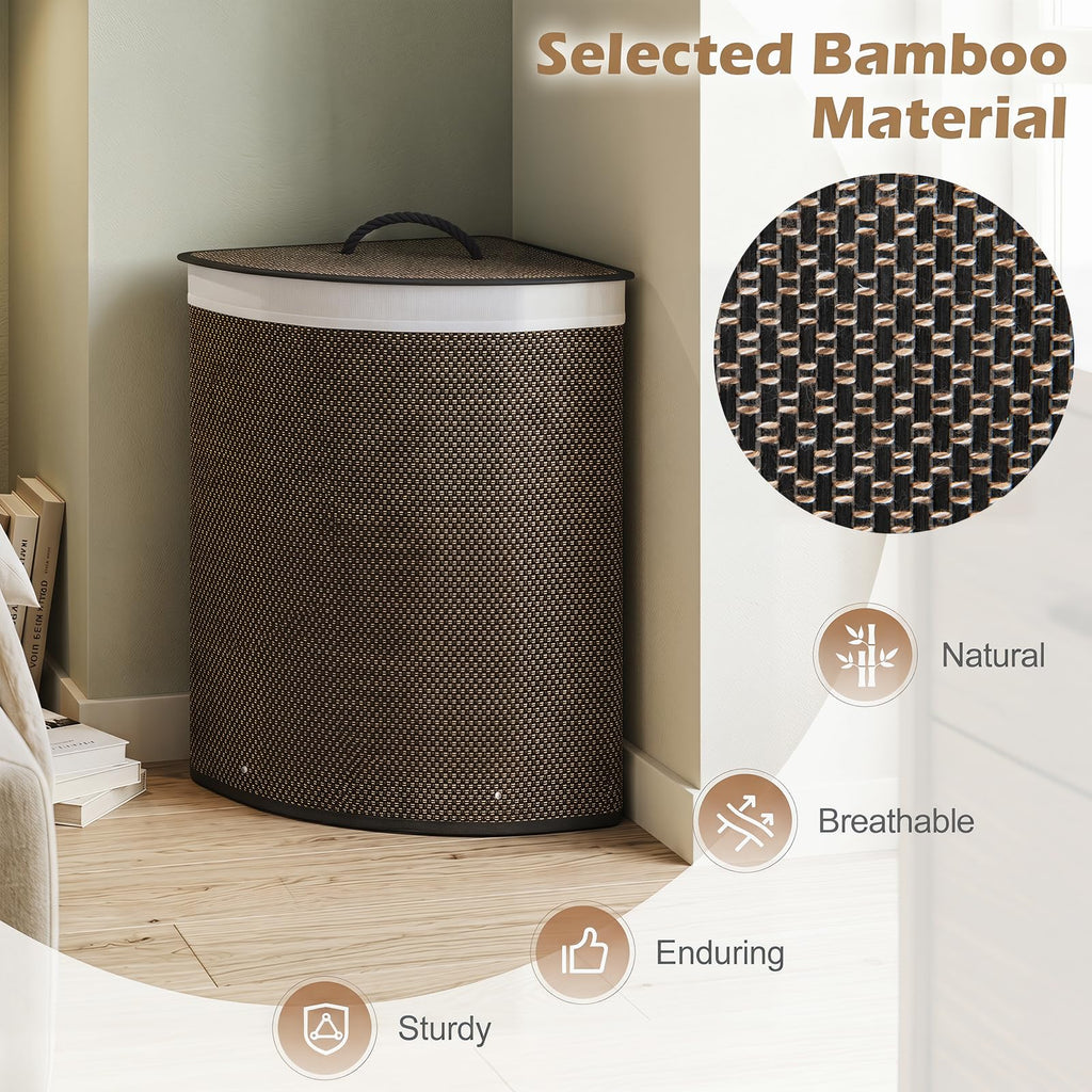 15 Gal Corner Laundry Hamper w/Lid, Removable Liner, Handle Taupe