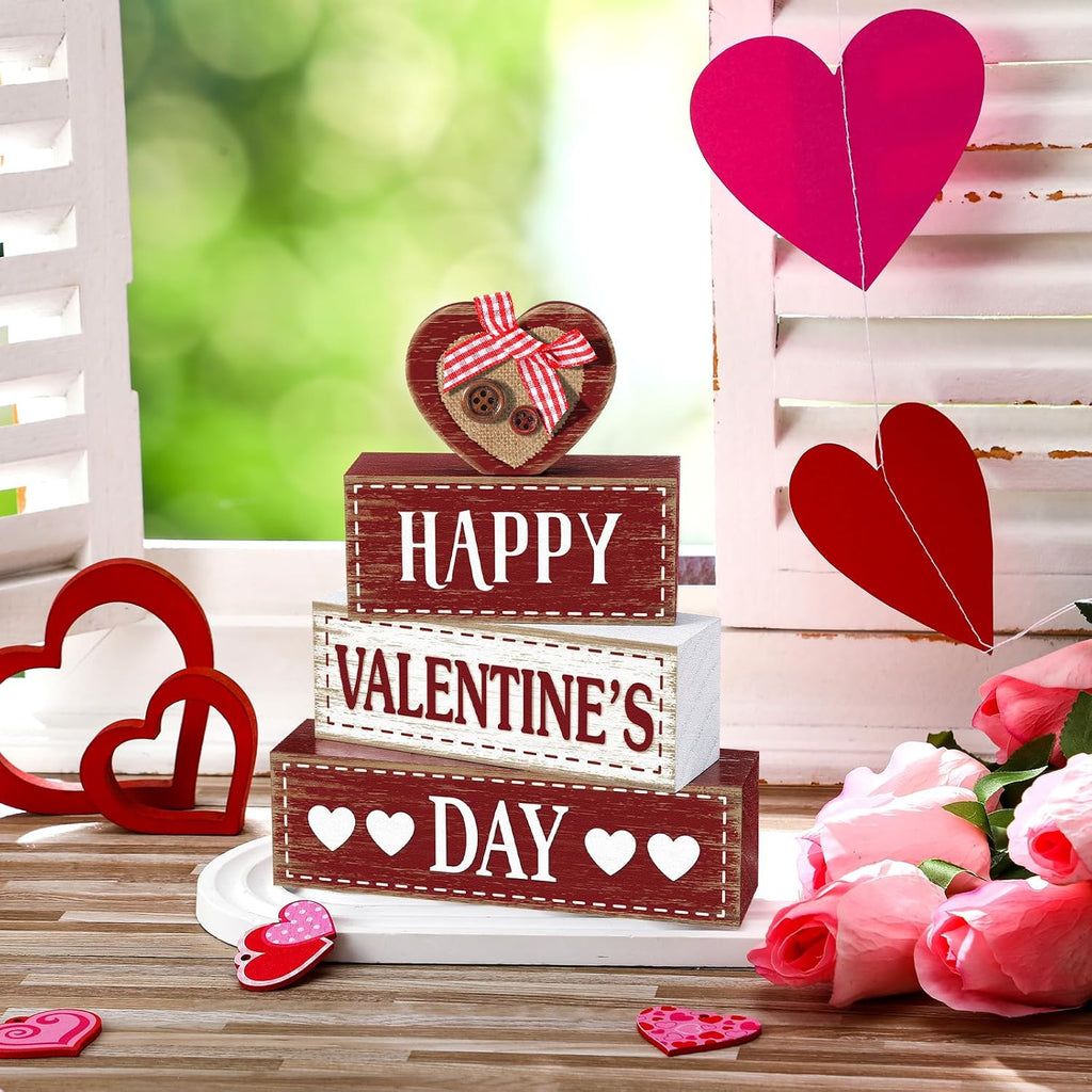 Valentine's Day Wooden Signs Heart Truck Table Decor Rustic Distressed Valentines Centerpieces Blocks Farmhouse - Set of 4