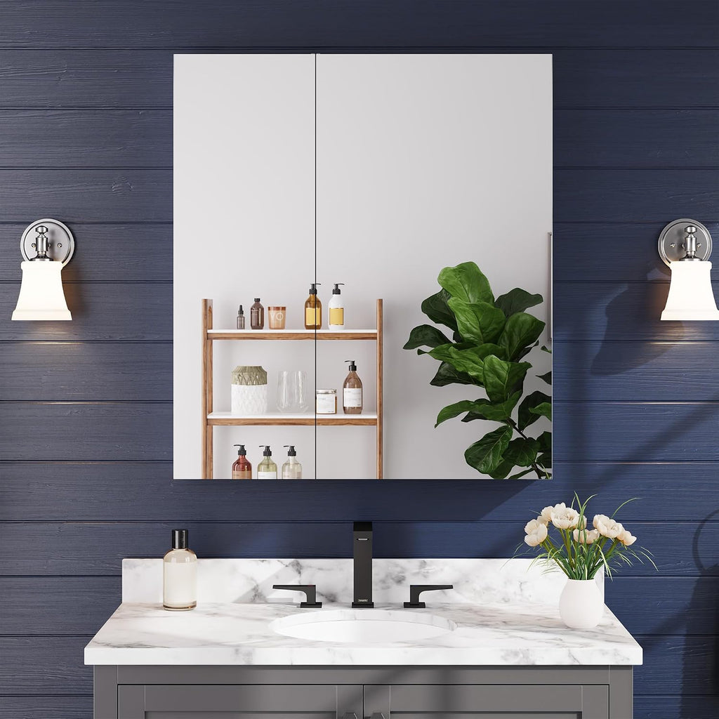 32" x 36" Medicine Cabinet with Mirror, Bathroom Mirror Cabinet | Anodized Chrome Aluminum Frame, Adjustable Shelves