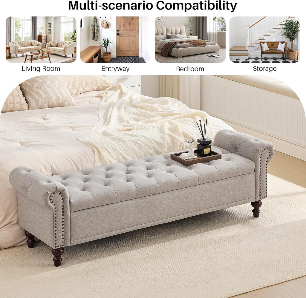 67" Storage Bench , Linen Upholstered, Light Brown | King Size End of Bedroom Bed Bench Ottoman with Tufted Cushioned