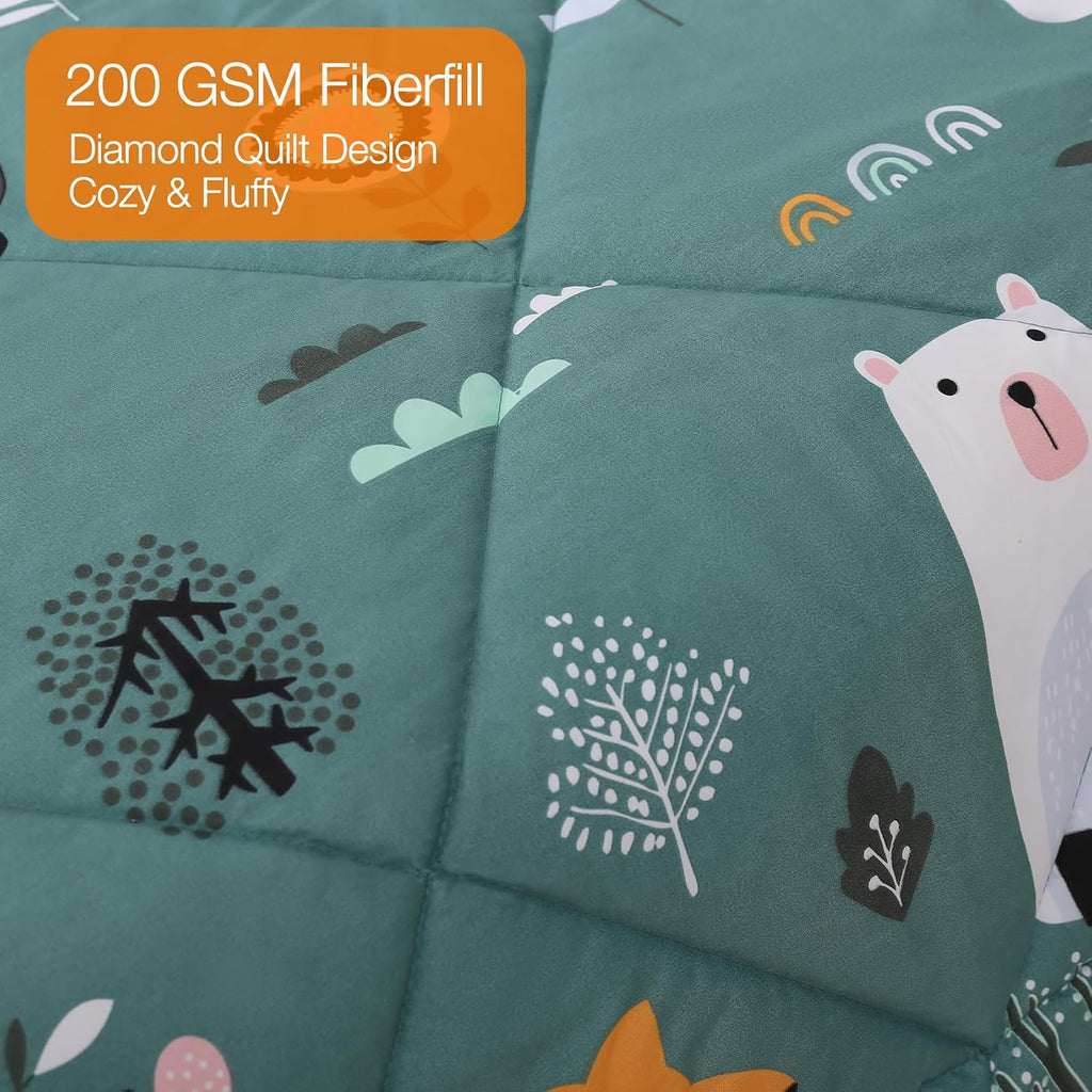 Green Forest Animals Kids Comforter Set Full, 3 Piece Woodland Printed Microfiber Bedding Set, Machine Washable