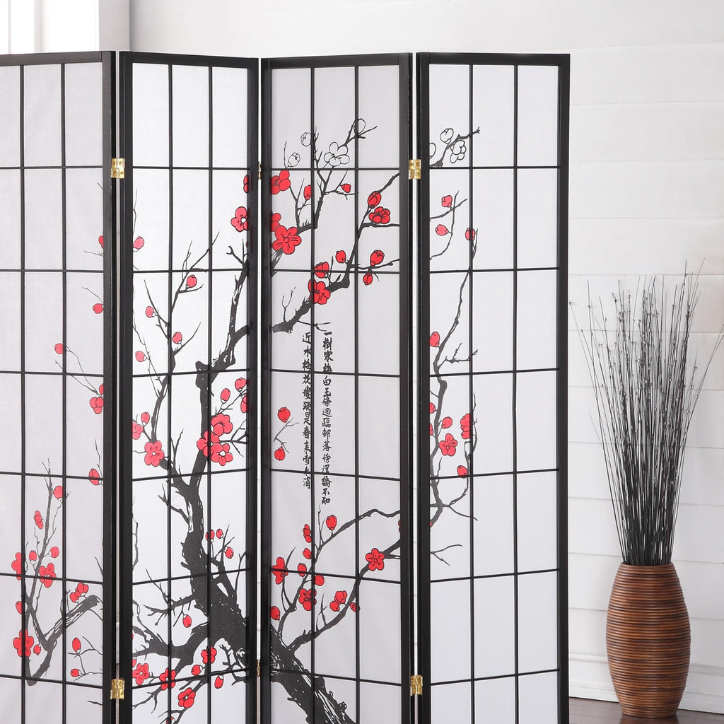 Black Japanese 4-Panel Screen Room Divider, Plum Blossom