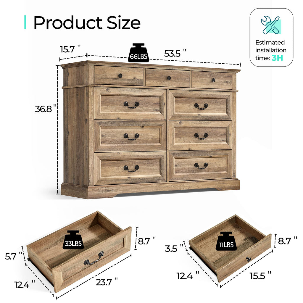 Dresser, 9 Drawer Wood Farmhouse Chest, Tall Vintage Dressers with Deep Storage Drawers, Wide Large Dresser, Accent