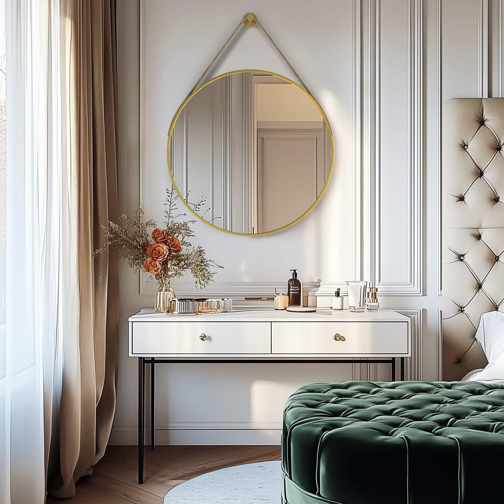 Hanging Strap Wall Mirror: 31.5in Round Bathroom Mirror Gold Frame
