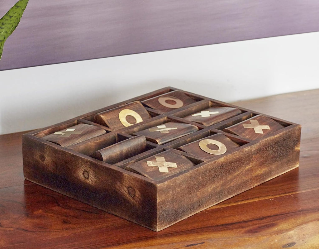 Mango Wood Tic Tac Toe Game Set with Gold Inlay, 11" x 13" x 3", Dark Brown