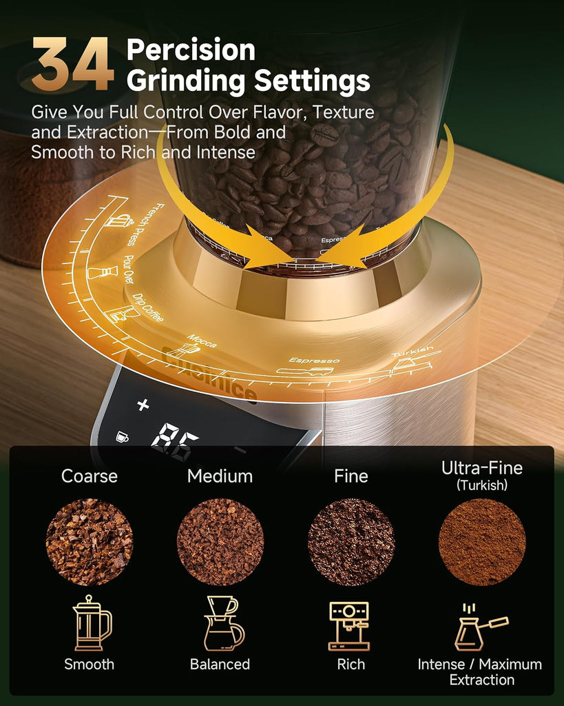 Conical Burr Coffee Grinder, Anti-Static, 0.1s Single/Double Shot Timer | 34 Grind Settings, Smart Memory, Custom