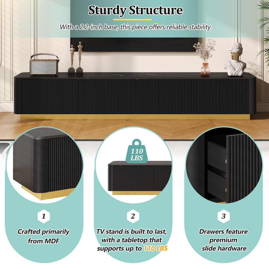 Modern Fluted TV Stand for TVs up to 85", Faux Marble Top, Black