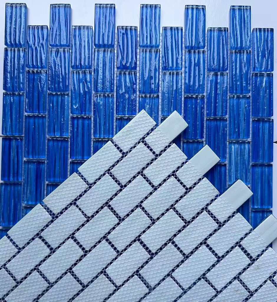 Ocean Blue Glass Mosaic Tile - Textured Subway Pattern, 12"x12" Blue Glass Tiles Backsplash, Bathroom, Pool & Spa
