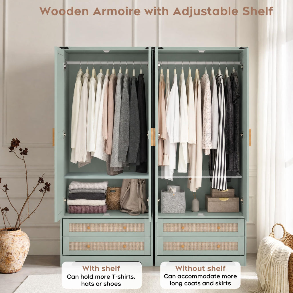 2 Doors Wooden Armoire Wardrobe Closet with 2 Drawers, Mint