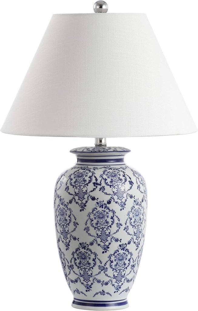 26.25" Blue/White Chinoiserie Ceramic Table Lamp, Traditional Asian-Inspired Urn Lamp Bedroom, White Linen Shade