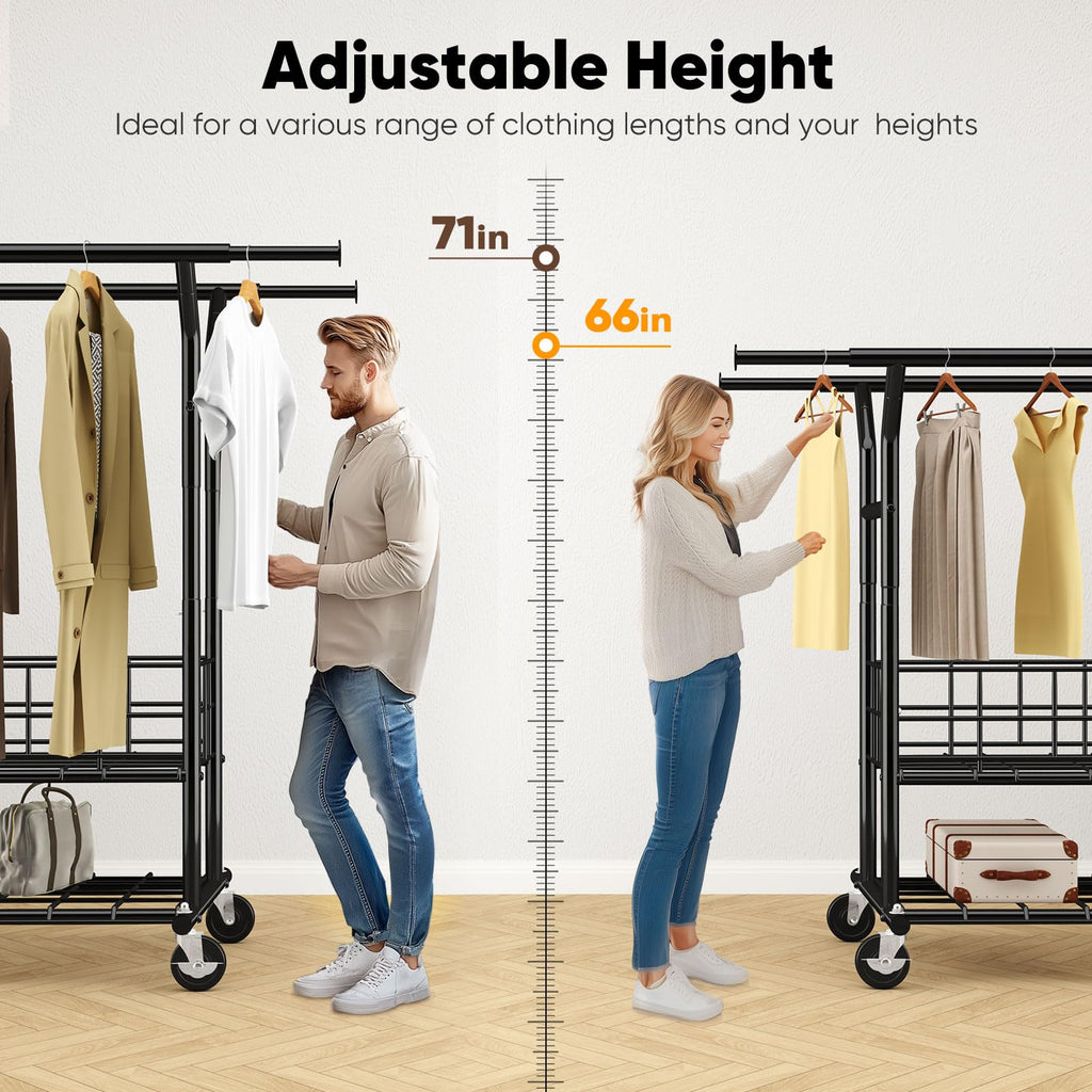 Heavy Duty Clothes Rack Load 635 LBS Adjustable Double Rod Black