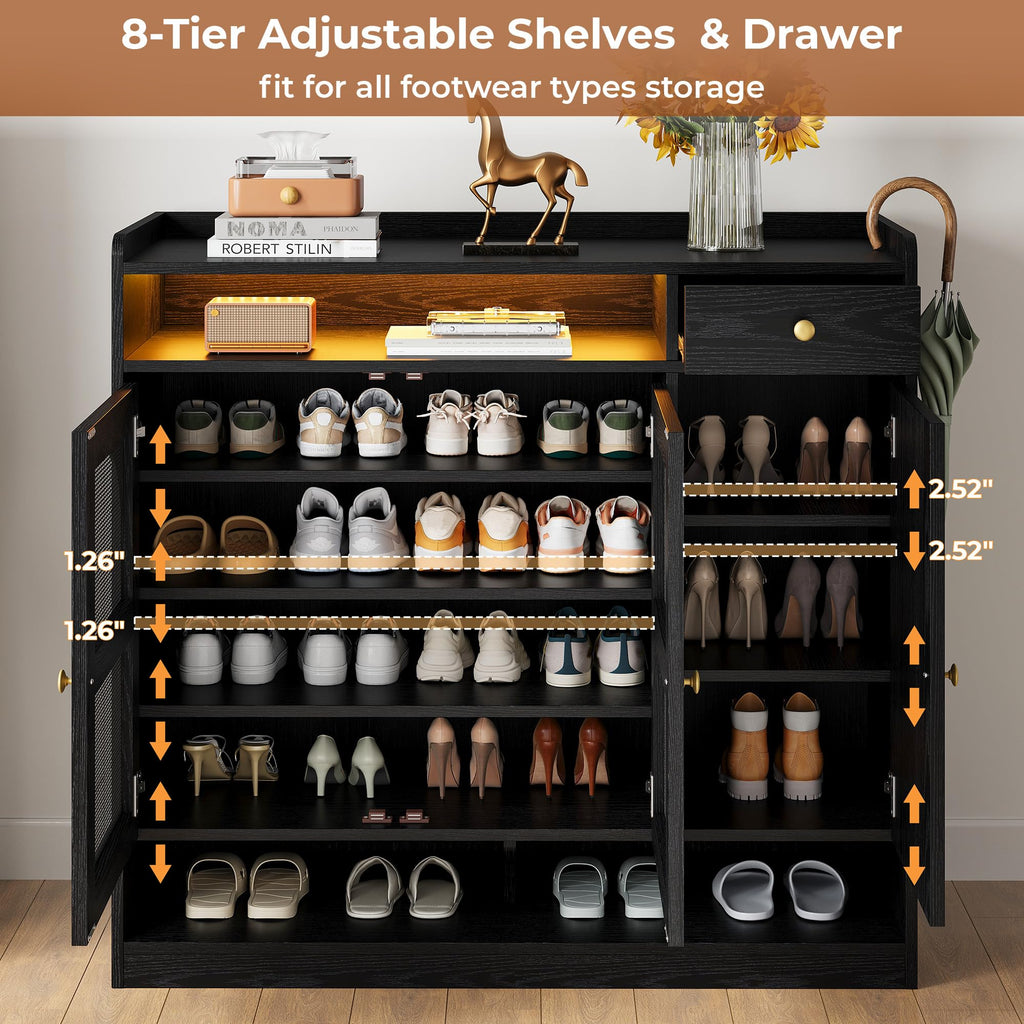 Rattan Shoe Cabinet with 6-Tier Storage, 3 Doors & LED Light