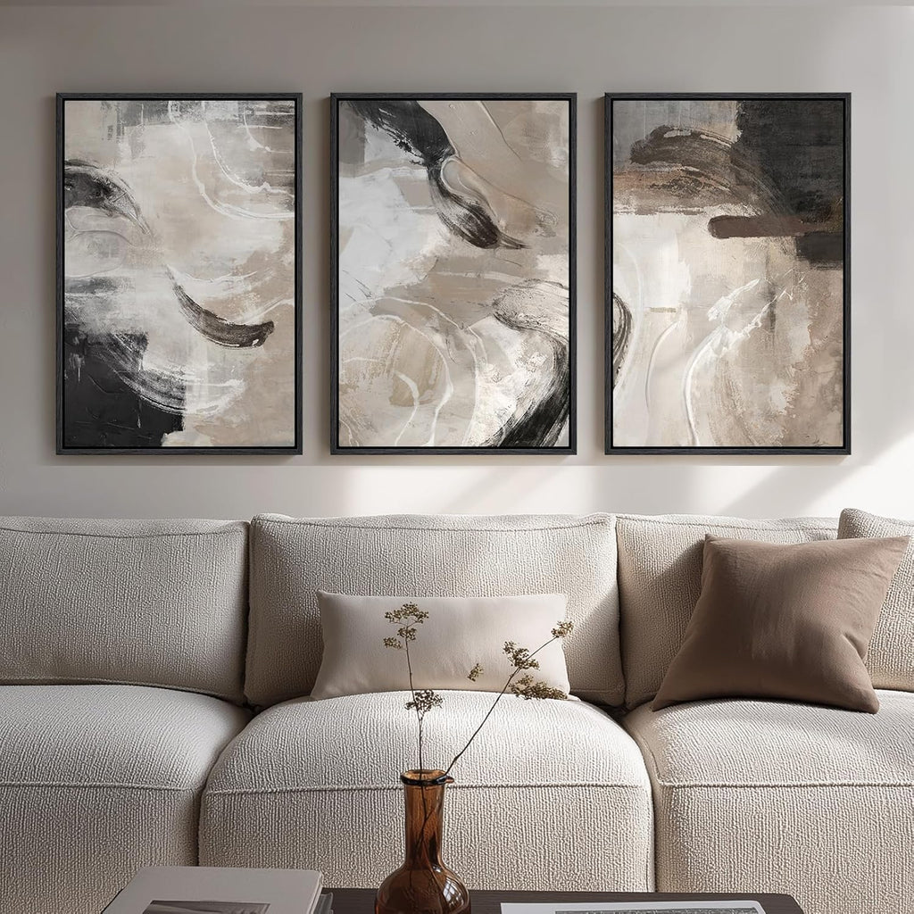 Framed Neutral Abstract Wall Art, 3 Piece Modern Minimalist Canvas Prints Paintings Artwork for Walls, Black Beige