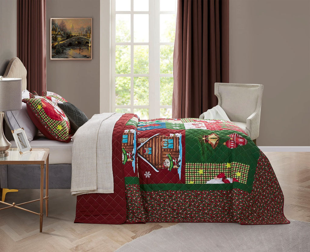Christmas Oversized Bedspread King Size, Santa Claus Pattern Bedding Quilt, Rustic Lodge Plaid Patchwork Coverlet
