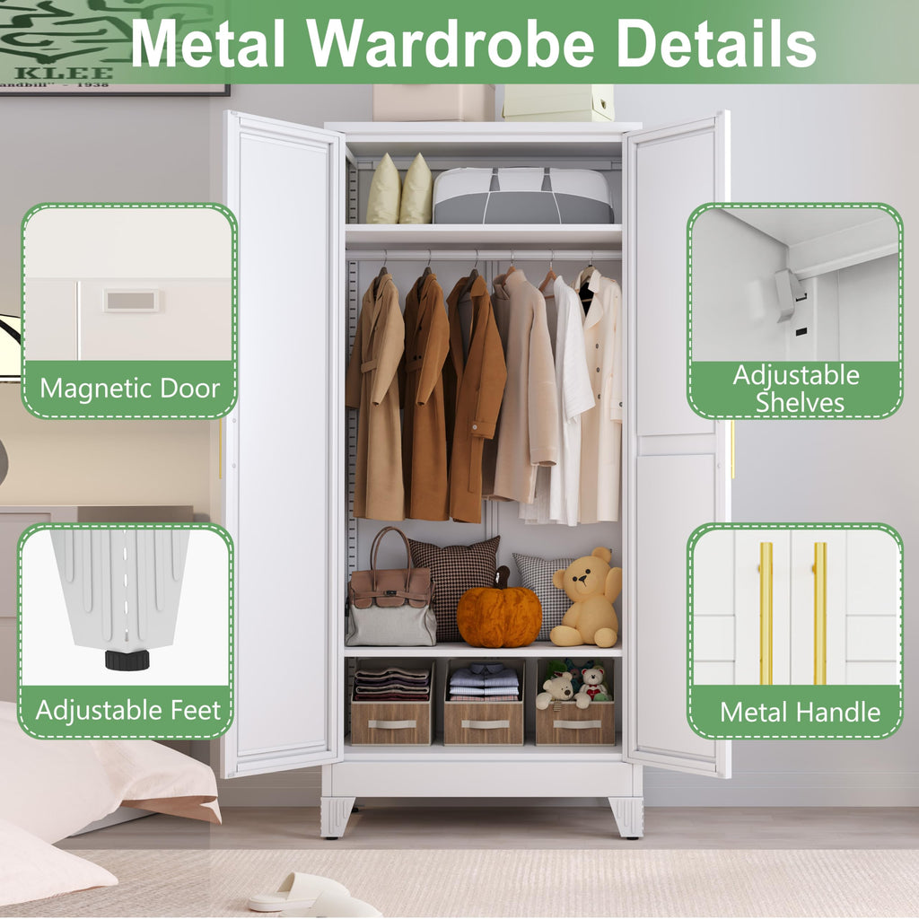71" H Metal Armoire Wardrobe Closet with Mirror, Adjustable Shelve, Clothes Drying Pole, Steel Wardrobe Cabinet