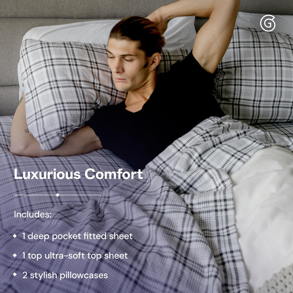 Modernist Flannel Bed Sheet Set, Queen (Grey Plaid) - 100% Cotton Plaid Bedsheets - Includes Deep Pocket Fitted