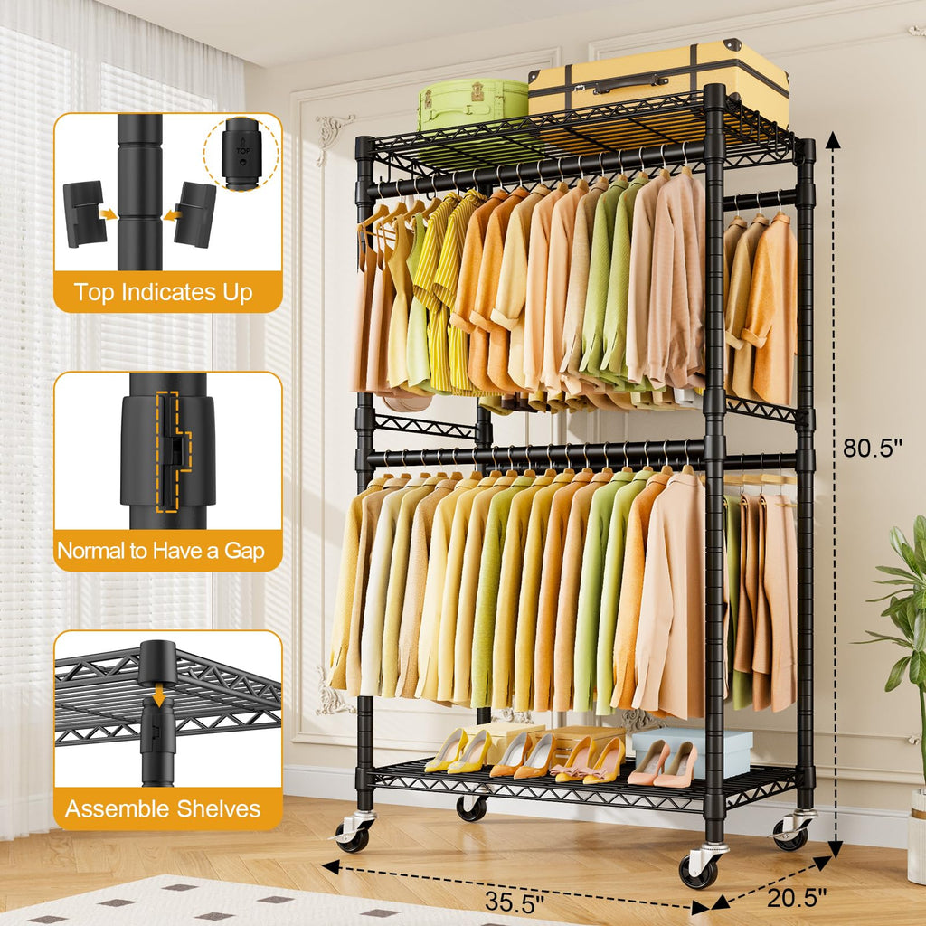 P4 Rolling Clothes Rack, Clothing Racks for Hanging Clothes, Black