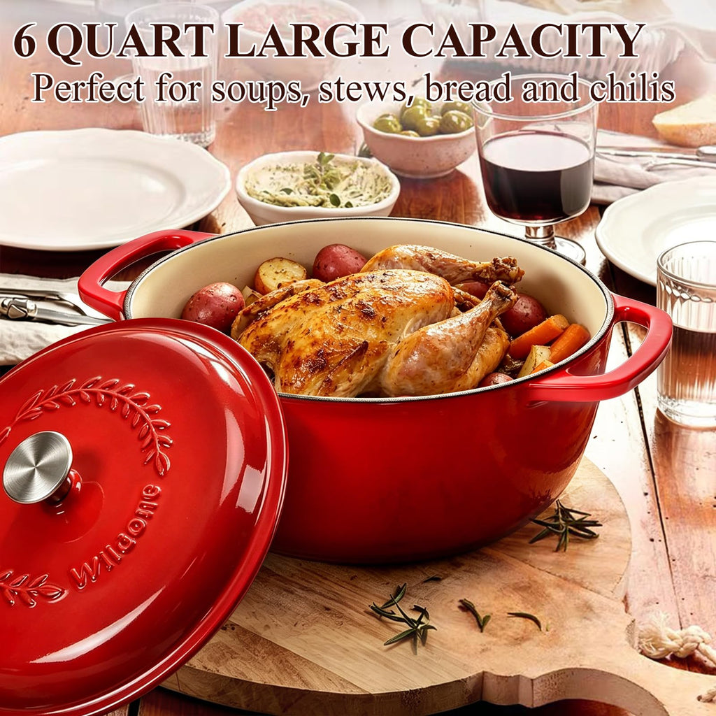 Enameled Cast Iron Dutch Oven - 6QT Pot with Lid & Cotton Potholders - Oven Safe Enamel Cookware for Bread Baking