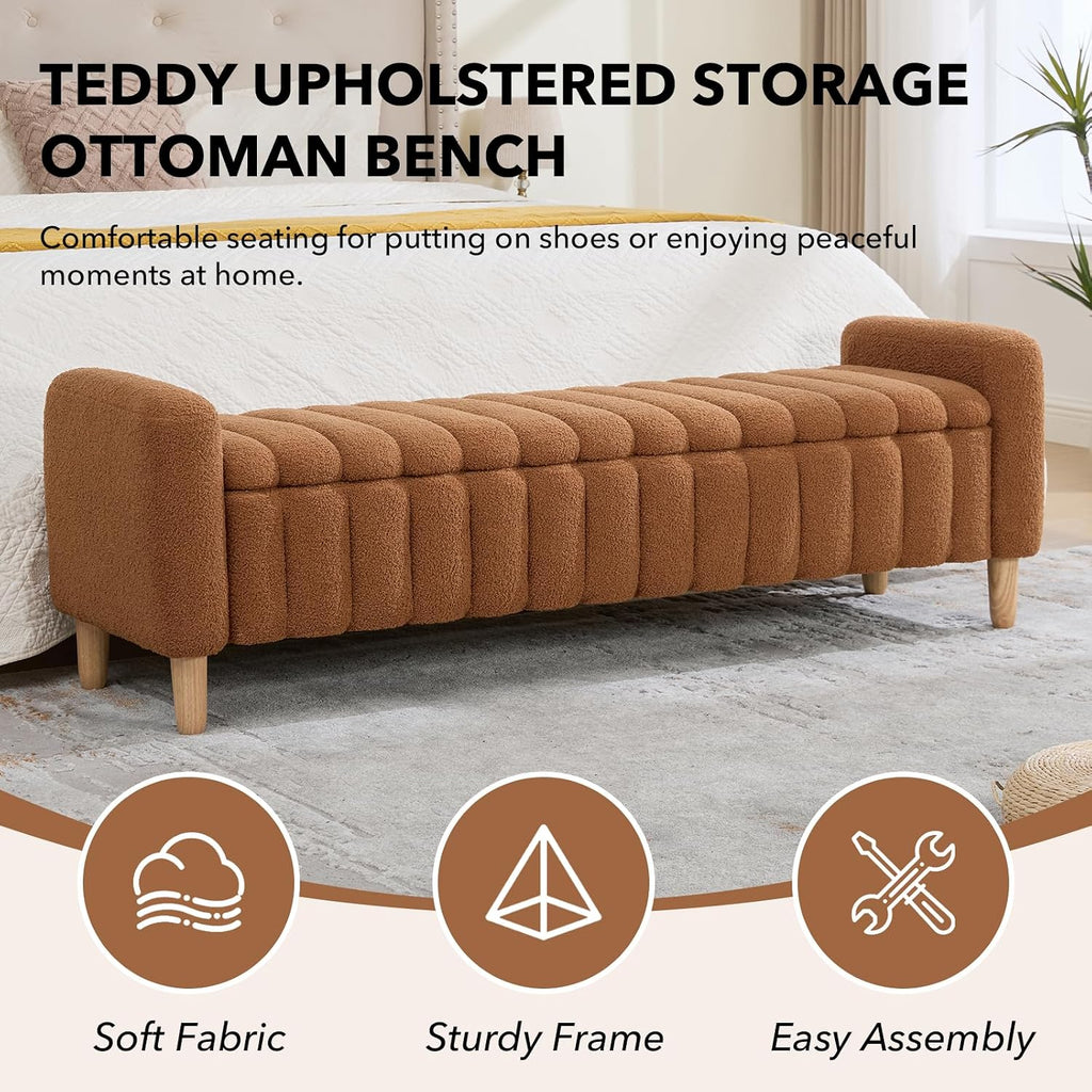 63.4" Storage Ottoman Bench, Flip-Top End of Bed Bench (Caramel) | Teddy Upholstered Entryway Bench, Channel Tufted
