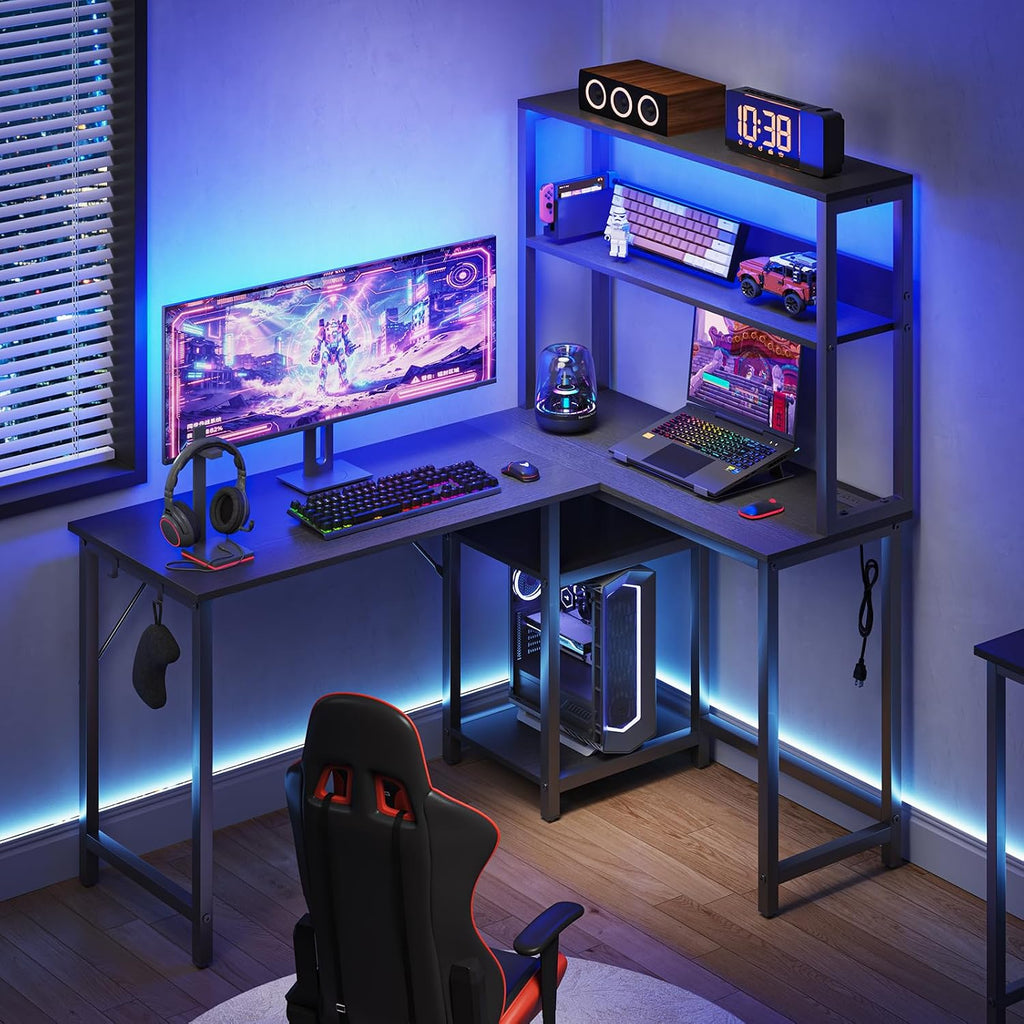 53" L Shaped Gaming Desk Reversible Corner Desk | Computer Desk with Power Outlet, Writing Table with LED Lights