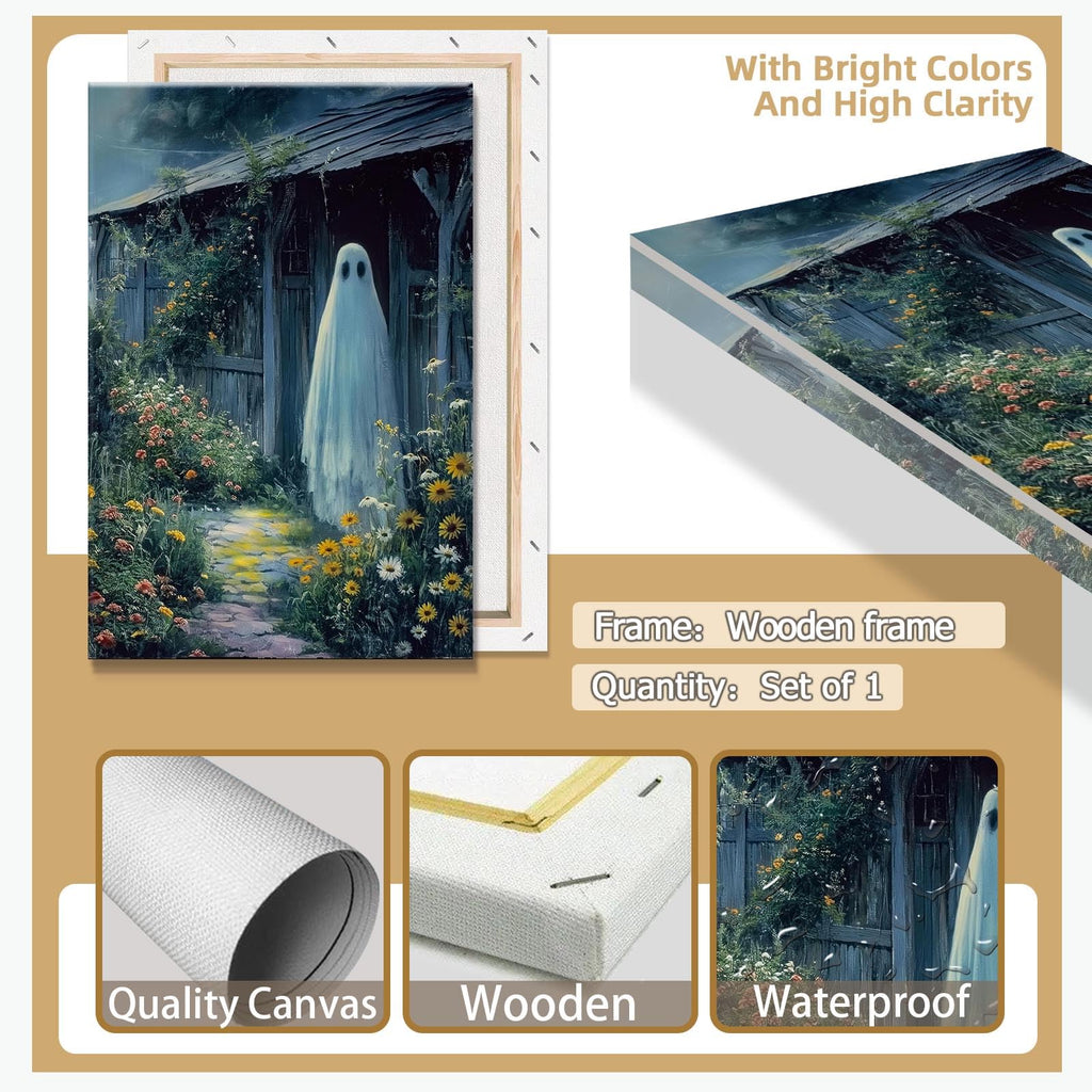 Retro White Ghost Posters Funny Cute Horror Scary Wall Art A Ghost Stands At The Door Of The House Prints Painting