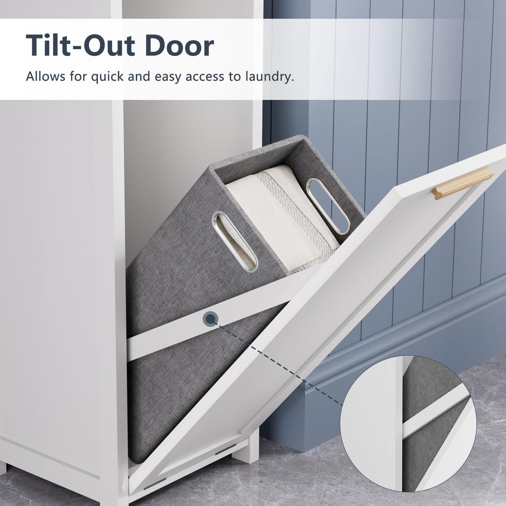 66'' Tall Tilt Out Laundry Hamper Cabinet, Hidden Laundry Hamper with Removable Storage Basket, Open Shelf and