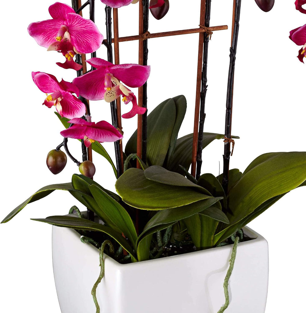 Potted Silk Faux Artificial Flowers Arrangements Realistic Purple Fuchsia Orchid in White Ceramic Pot for Cottage