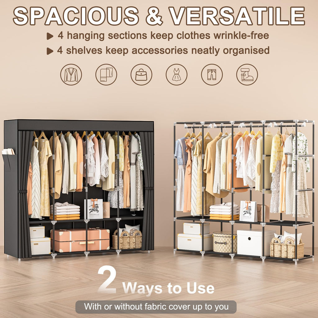 Wardrobe Closet, 66 Inch Portable Closet for Hanging Clothes, Large Capacity Clothes Rack Organizer with Cover & 4