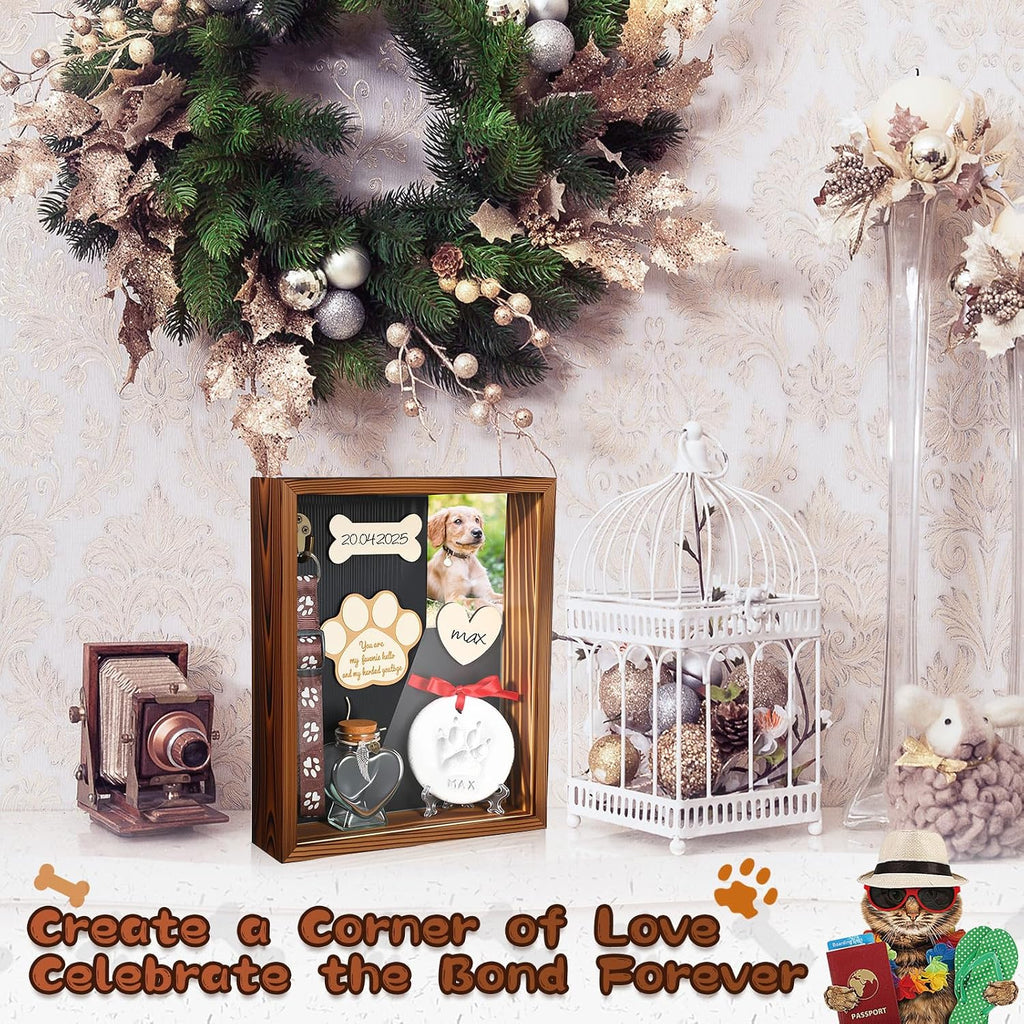 Pet Memorial Shadow Box Dog Memorial Shadow Box Picture Frame with Clay Pet Paw Heart Glass Bottle Wooden Decorations