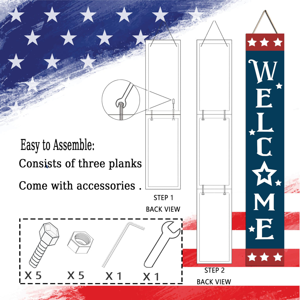 Patriotic Wooden Porch Sign 47" 4th of July Independence Day Large Welcome Sign Memorial Day Vertical Indoor Outdoor