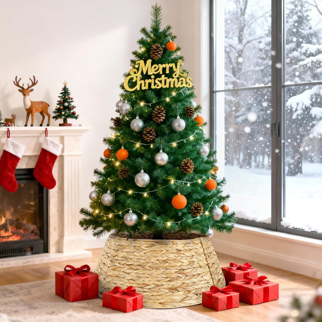 27" Hyacinth Christmas Tree Collar, Rustic Woven Rattan Tree Skirt Ring, 4 Piece Wicker Basket Base Cover with Cord